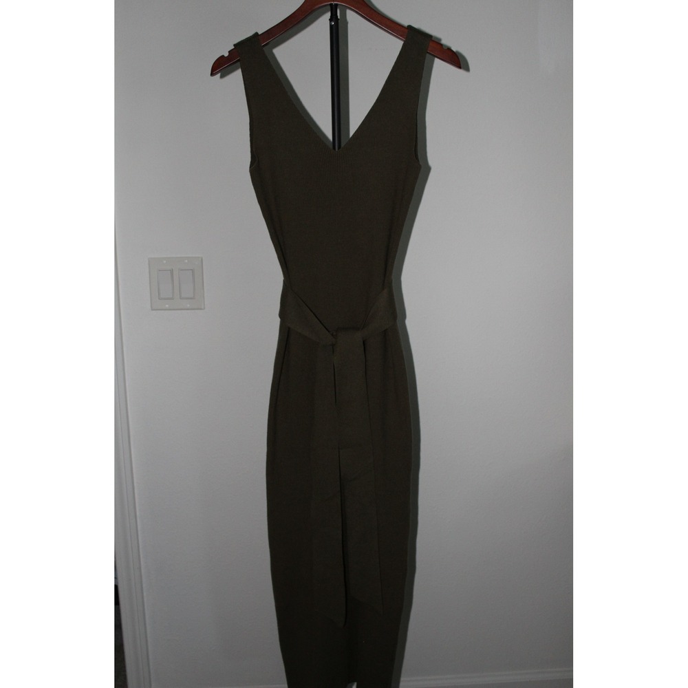 Hello Miz Women's Maternity Olive Knit V-Neck Sleeveless Midi Dress‎ with Belt